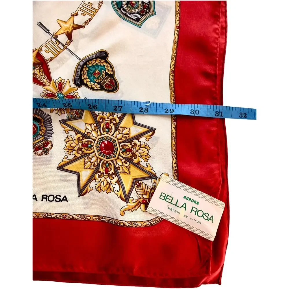 Vintage Bella Rosa Silk Scarf NWT Heraldic Medallion Crest Print 1980s Red 31x31